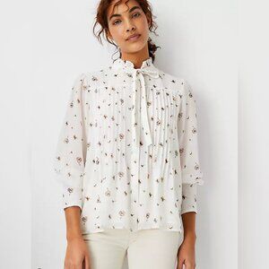 Ann Taylor White Floral Pintucked Tie Neck Blouse